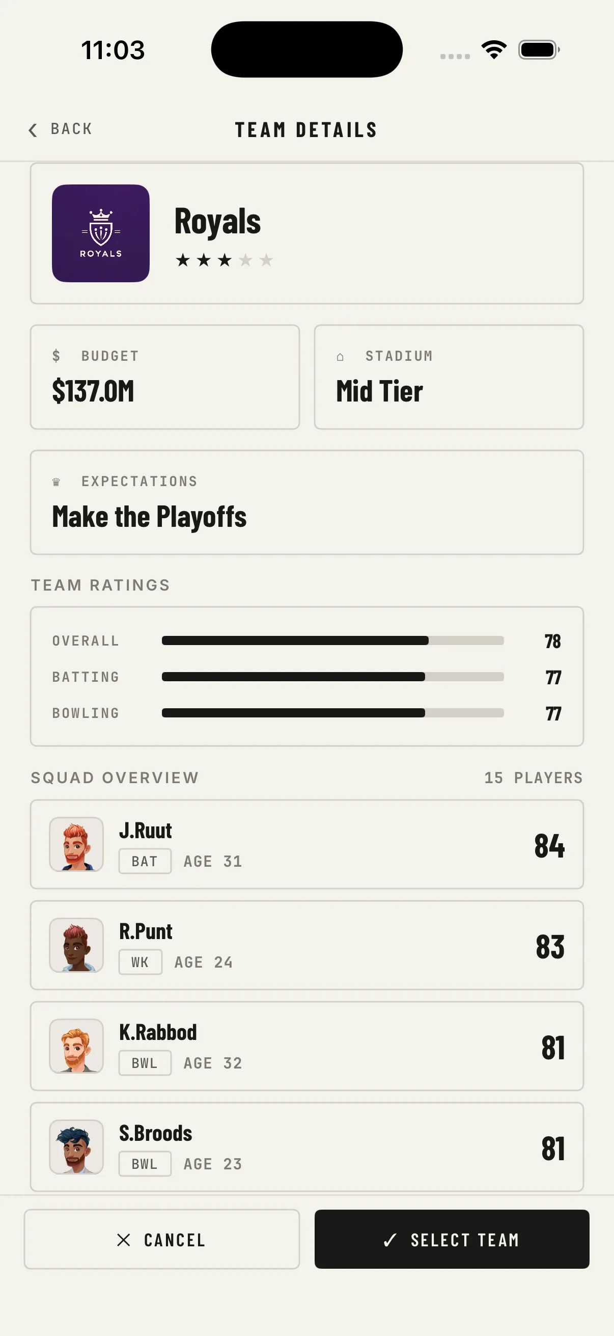 New game screen showing the Royals team details