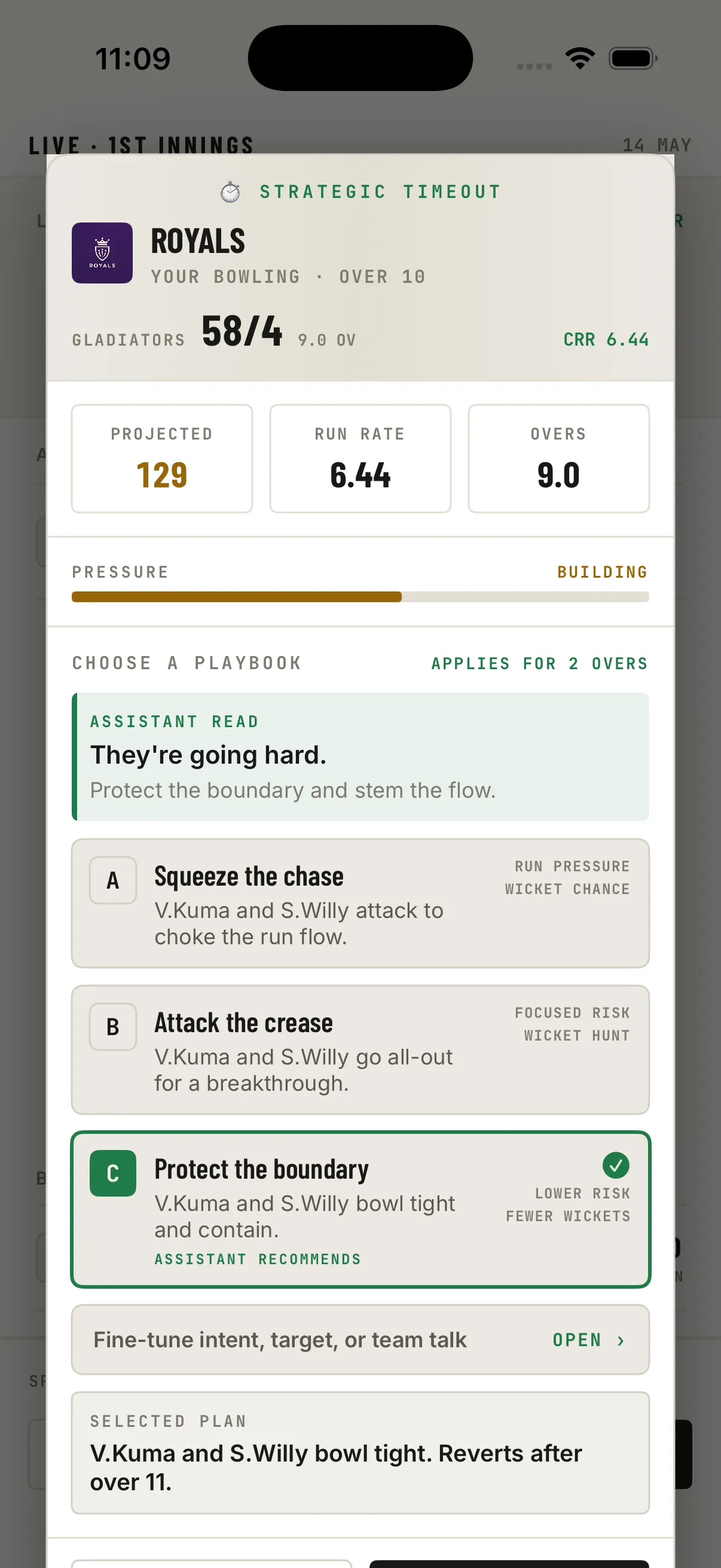 Strategic timeout playbook with Protect the Boundary selected